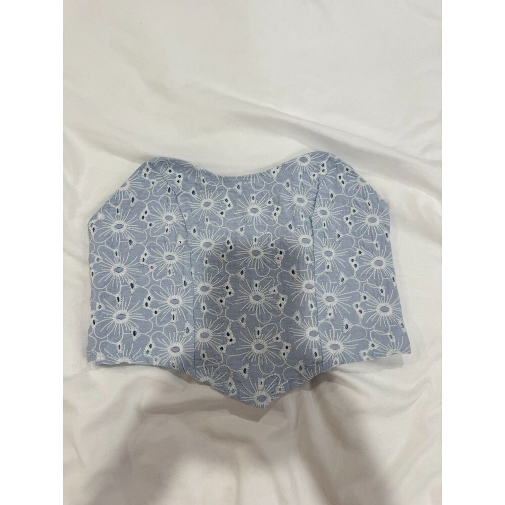Blue Floral Eyelet Strapless Corset Top S Y2K Coquette Bustier